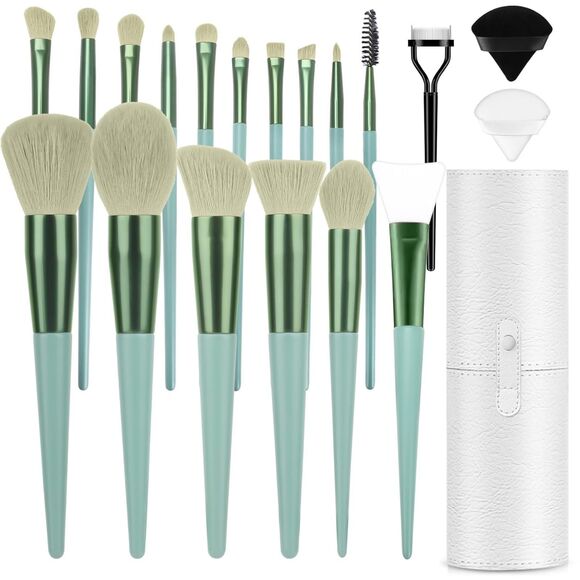 20PCs Green Professional Makeup Brushes Set with Travel Case & 2 Powder Puff - Picture 1 of 4